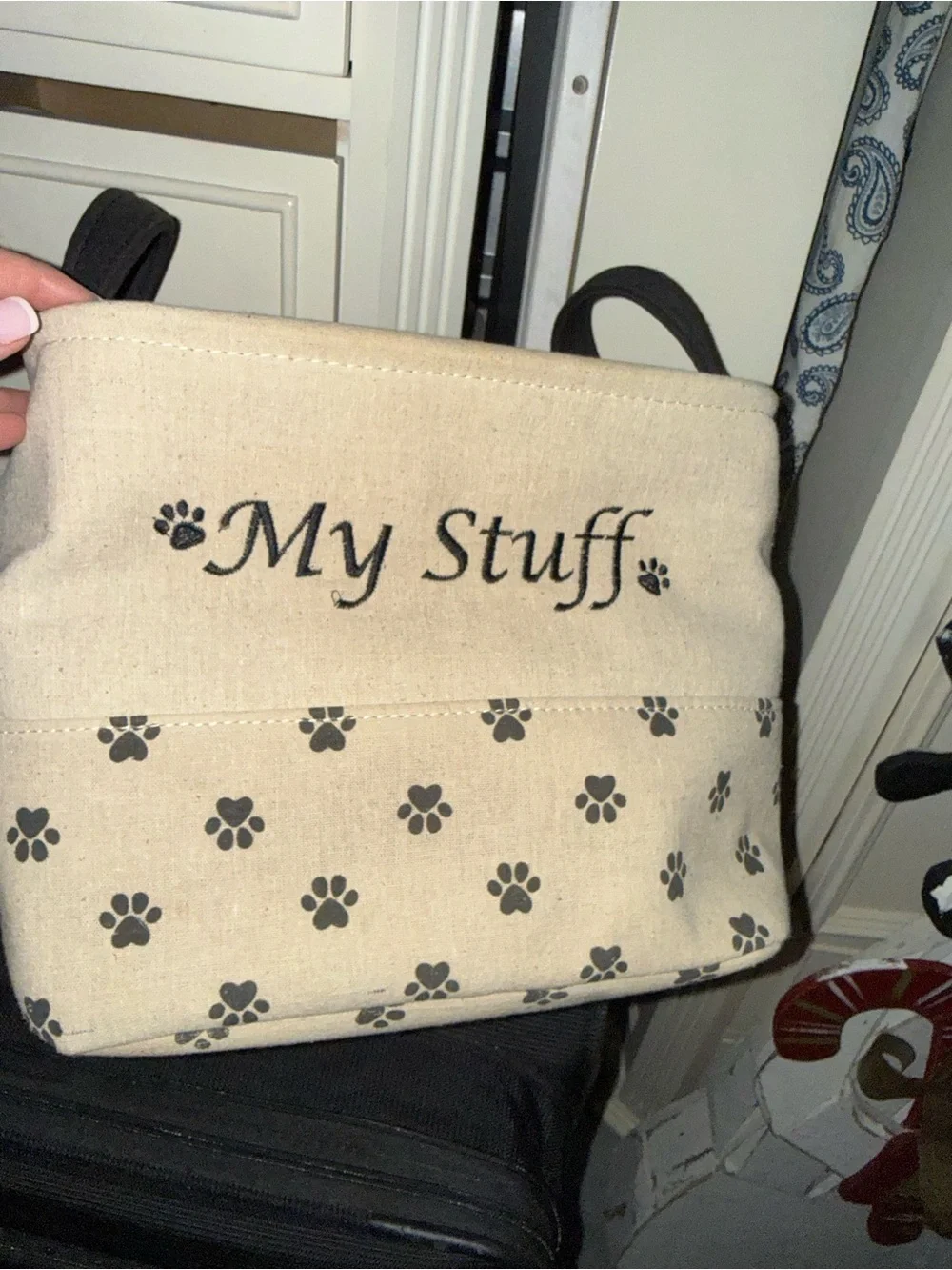 Canvas 'My Stuff' Paw Print Dog Accessory Bag - Beige